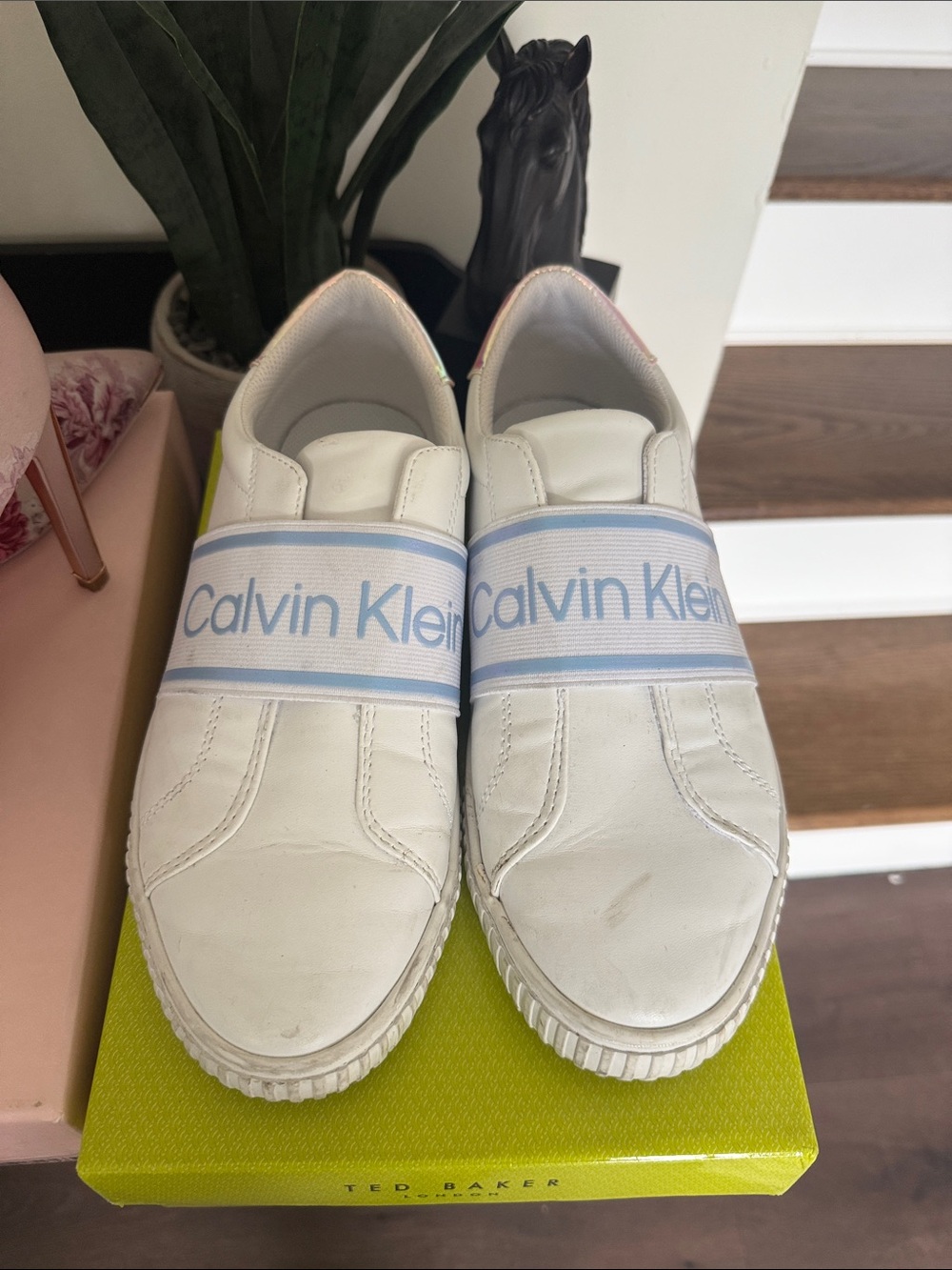 Calvin Klein Kids White Slip-On Sneakers with Light Blue Logo Band